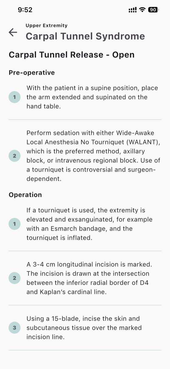 Carpal tunnel release procedure with numbered operative steps