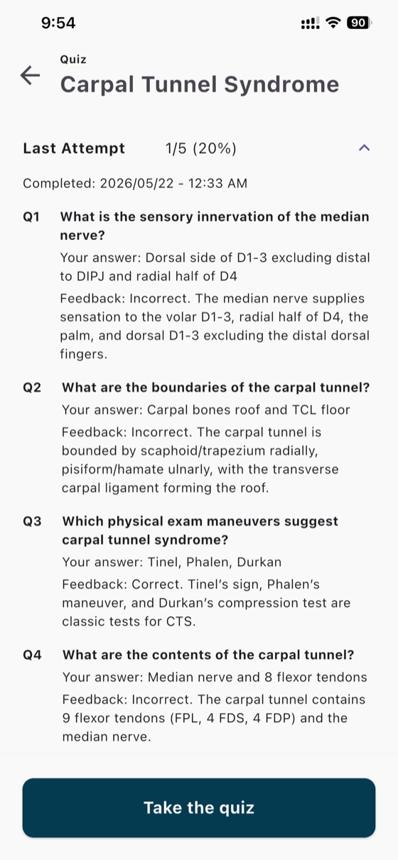 Quiz results with feedback on each question