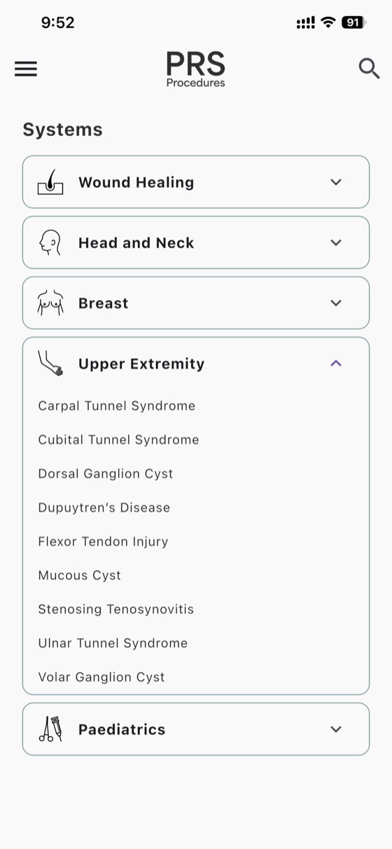 PRS Procedures app showing surgical systems and procedures